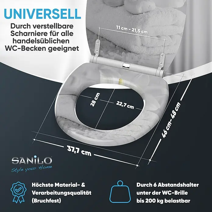 SANILO WC-Sitz Good Feeling mit Schnellverschluss - MDF, Weiß, Mit Absenkautomatik - Weißer WC-Sitz mit Handtuch-Design, Maßen und Merkmalen wie universelle Passform, hohe Qualität und 200 kg Tragfähigkeit.