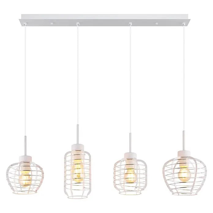 Globo Pendelleuchte Nesa - 60 W, L x B x H: 900 x 205 x 1.200 mm - Weiße Pendelleuchte mit vier Leuchten, Drahtgitter-Schirmen und warmweißen Glühbirnen.