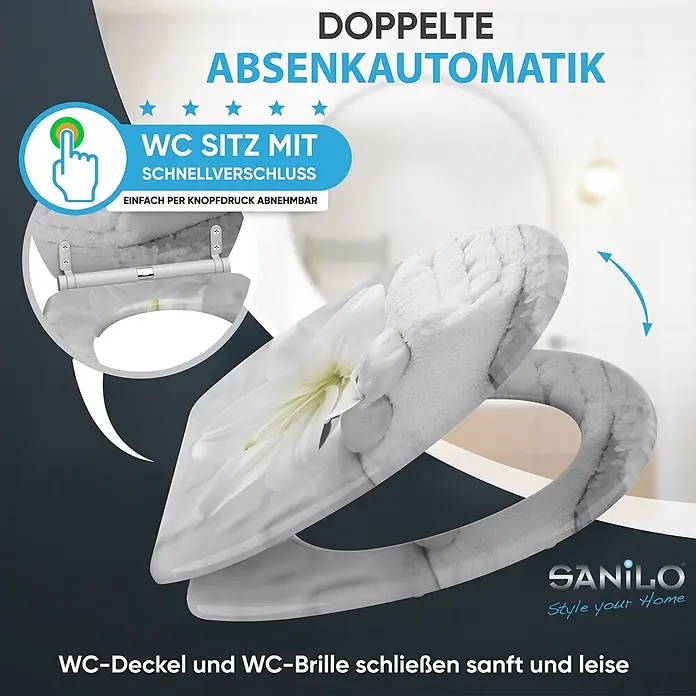 SANILO WC-Sitz Good Feeling mit Schnellverschluss - MDF, Weiß, Mit Absenkautomatik - Weißer WC-Sitz mit Lilien-Design, Absenkautomatik und Schnellverschluss zur einfachen Abnahme.