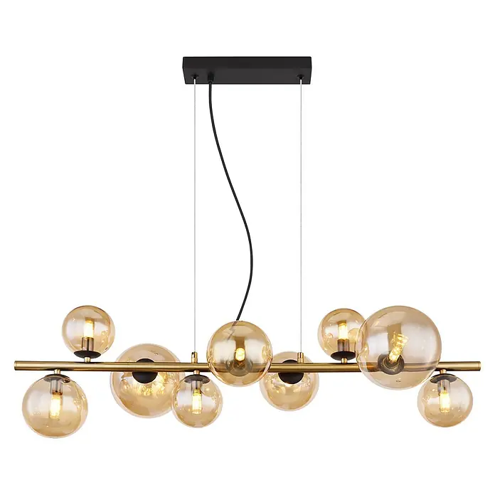 Globo Riha Pendelleuchte - 31,5 W, L x B x H: 86 x 36 x 120 cm, G9 - Moderne goldene lineare Pendelleuchte mit bernsteinfarbenen Glaskugelschirmen an goldener Stange.