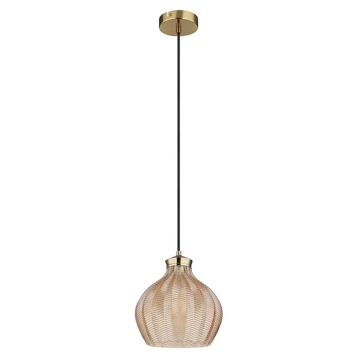Globo Pendelleuchte Jessica - Höhe: 1.200 mm, 60 W, E27 - Goldene Pendelleuchte mit schwarzem Textilkabel und geripptem bernsteinfarbenem Glasschirm mit Chevron-Muster.