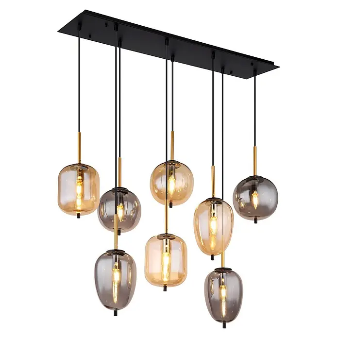Globo Pendelleuchte Tulivar - 40 W, L x B x H: 1.025 x 340 x 1.200 mm - Moderne lineare Hängelampe mit schwarzer Basis, goldenen Akzenten und sieben verschiedenen Glasfarben (bernsteinfarben und rauchgrau) mit glühenden Lampen.