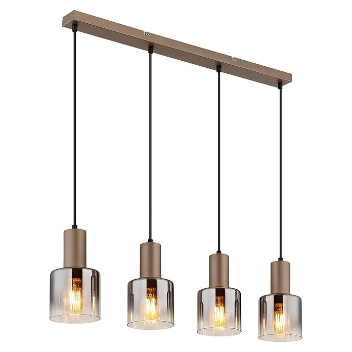 Globo Pendelleuchte Walton - 40 W, L x B x H: 780 x 120 x 1.500 mm, E27 - Vierflammige Pendelleuchte mit bronzefarbenem Balken und zylindrischen Haltern, klaren Glasschirmen und warmen Glühbirnen.