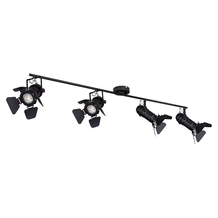 Globo Deckenstrahler Egon - 50 W, L x B x H: 1.250 x 180 x 265 mm, GU10 - Schwarzes Schienensystem mit vier verstellbaren Strahlern und Lichtklappen.