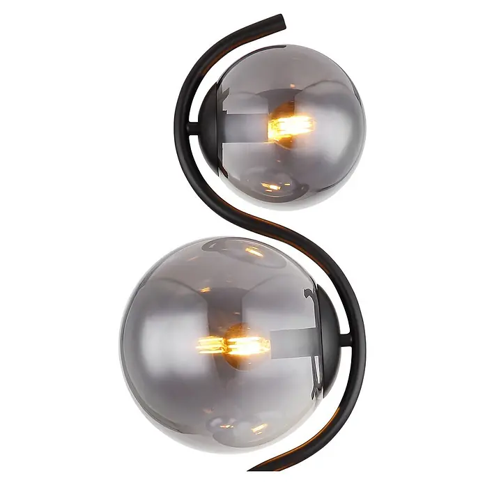 Globo Stehleuchte Porry - 25 W, Höhe: 160 cm, Schwarz, Rauchfarben, E14 - Doppelte Pendelleuchte mit gebogenem schwarzem Metallrahmen und zwei beleuchteten Rauchglas-Kugeln.