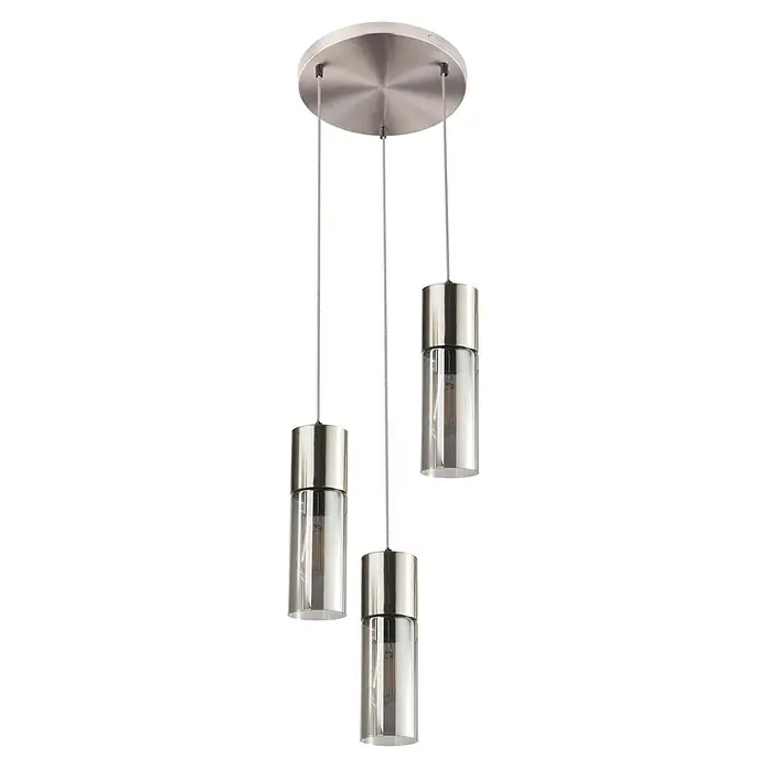 Globo Pendelleuchte Annika - 25 W, Ø x H: 30 x 150 cm - Dreiflammige Deckenpendelleuchte mit gebürsteter Metallplatte, grauen Kabeln und zylindrischen Klarglasleuchten mit Filamentbirnen.
