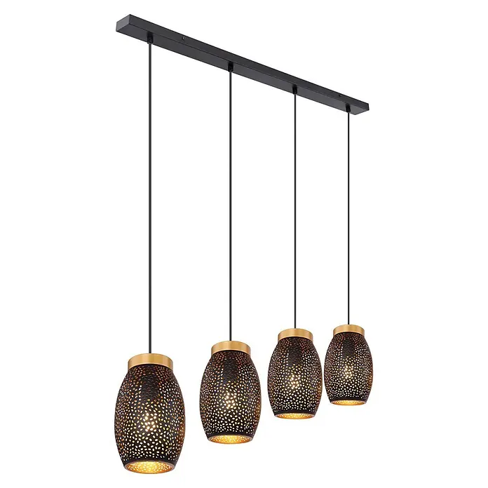 Globo Pendelleuchte Narri - 40 W, L x B x H: 900 x 150 x 1.200 mm - Lineare Pendelleuchte mit vier schwarzen, perforierten Metallschirmen und goldenen Akzenten.