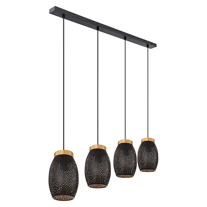 Globo Pendelleuchte Narri - 40 W, L x B x H: 900 x 150 x 1.200 mm - Schwarze Pendelleuchte mit vier perforierten eiförmigen Schirmen und goldenen Akzenten.