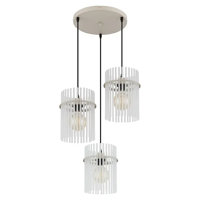 Globo LED-Pendelleuchte rund Gorley - 60 W, Ø x H: 47 x 140 cm, Sandfarben - Dreifach-Hängeleuchte, cremefarbene Deckenplatte, drei zylindrische Schirme mit weißen vertikalen Lamellen und sichtbaren Glühbirnen.