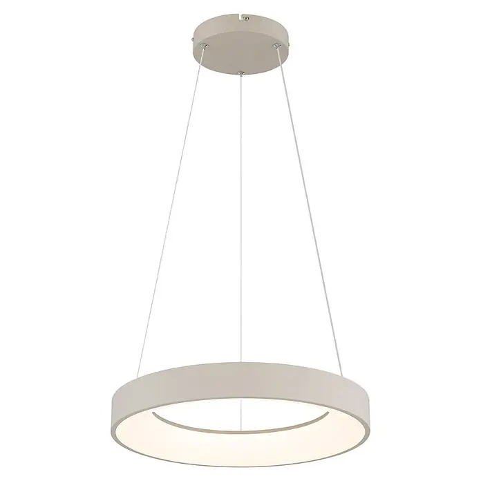 Globo LED-Pendelleuchte rund Gallegos - 48 W, Ø x H: 50 x 120 cm - Runde, hellfarbige LED-Hängeleuchte mit beleuchtetem Innenring, an dünnen Kabeln aufgehängt.