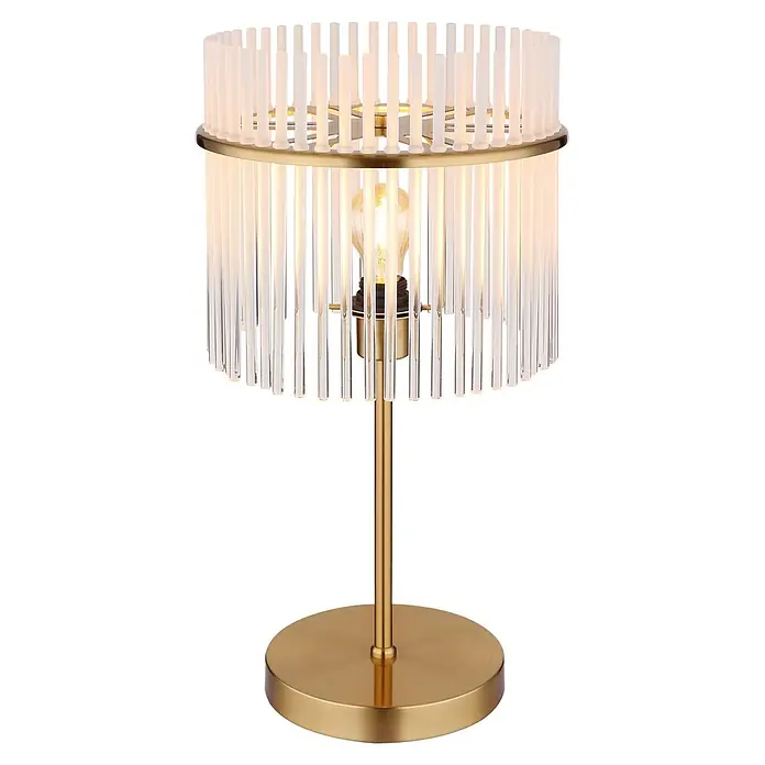 Globo Tischleuchte Gorley - 60 W, E27 - Goldfarbene Tischleuchte mit zylindrischem Schirm aus klaren und mattierten Glasstäben, mit freiliegender Edison-Glühbirne.