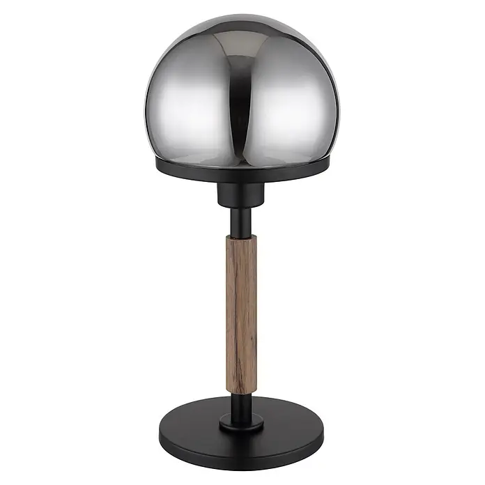 Globo Tischleuchte Haku - 40 W, Höhe: 400 mm, E27 - Moderne Tischleuchte mit Rauchglas-Schirm, schwarzem Metallschaft, Holzdekor und rundem schwarzem Sockel.