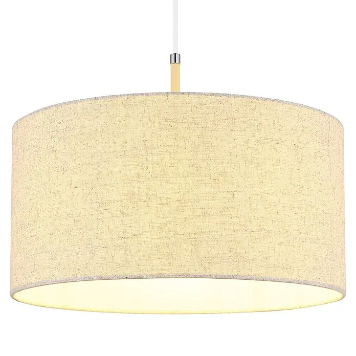 Globo Pendelleuchte rund Deleon - 60 W, Ø x H: 40 x 120 cm, Sandfarben, E27 - Zylindrische Deckenleuchte mit texturiertem, hellem Stoffschirm und Holzdetail, spendet sanftes Licht nach unten.