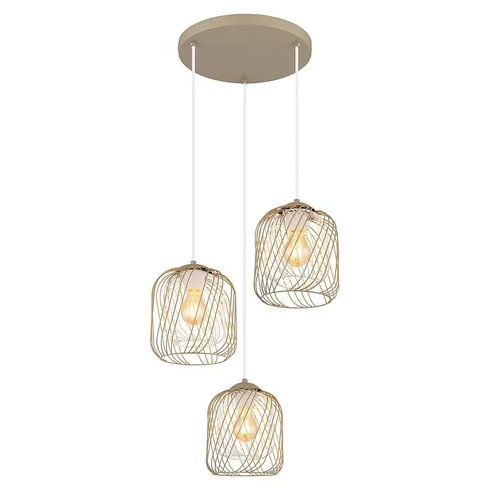 Globo Pendelleuchte rund Dichti - 40 W, Ø x H: 39,4 x 150 cm, Sandfarben, E27 - Drei beige Pendelleuchten mit Metallkäfigen und leuchtenden Glühbirnen, aufgehängt an einer runden Deckenplatte.