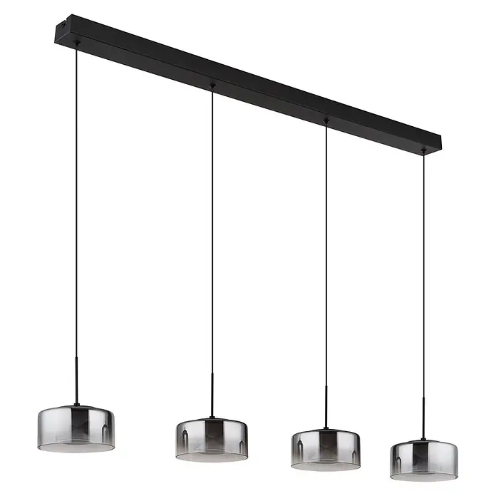 Globo LED-Pendelleuchte rund Belinda - 24 W, Ø x H: 15 x 150 cm - Schwarze rechteckige Mehrfach-Pendelleuchte mit vier rauchgrauen Glasschirmen.