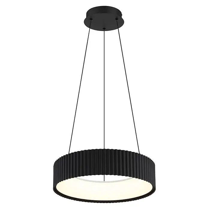 Globo Pendelleuchte rund Kemp - 45 W, Ø x H: 460 x 1.200 mm - Schwarze runde Pendelleuchte mit geripptem Design, von oben hängend, sanft leuchtend.