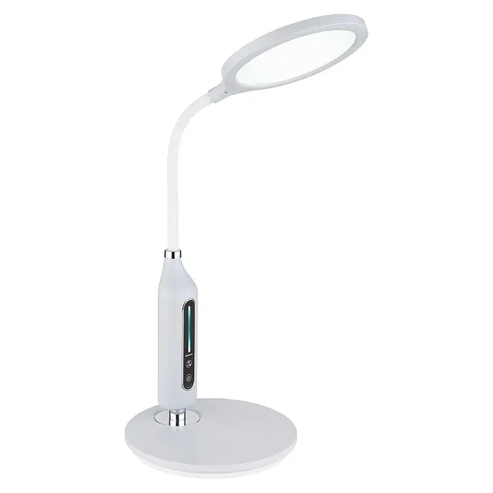 Globo LED-Tischleuchte Fruggy - 9 W, L x B x H: 300 x 185 x 407 mm - Weiße Schreibtischlampe mit flexiblem Schwanenhals, ovalem LED-Kopf und Bedienfeld mit Schieberegler.