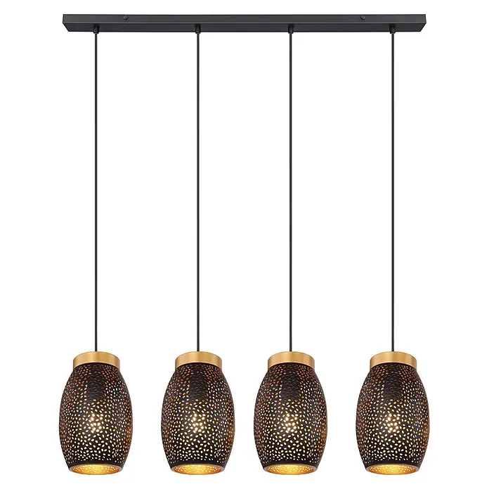Globo Pendelleuchte Narri - 40 W, L x B x H: 900 x 150 x 1.200 mm - Vier schwarze perforierte Pendelleuchten mit Golddetails, von einer linearen Deckenleiste hängend, warmes Licht abgebend.