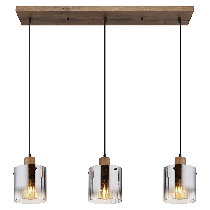 Globo Pendelleuchte Underwood - Max. Systemleistung: 60 W, 1.000 x 180 x 1.200 mm, E27 - Dreiflammige Pendelleuchte mit dunklem Holzbalken, schwarzen Kabeln und zylindrischen Glasschirmen mit warmen LED-Leuchtmitteln.