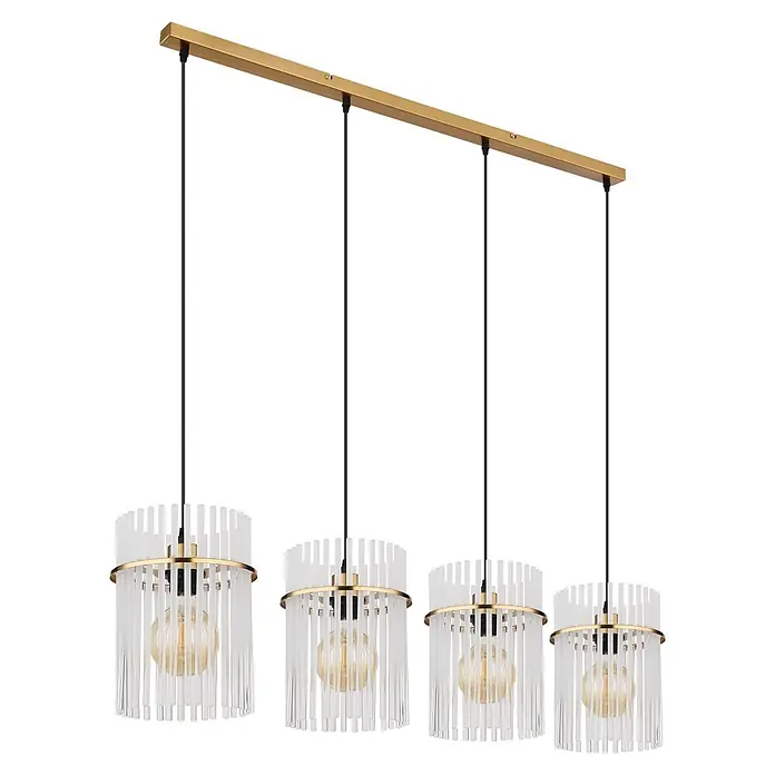 Globo Pendelleuchte Gorley - 60 W, L x B x H: 1.100 x 200 x 1.400 mm, E27 - Goldfarbene lineare Hängelampe mit vier Leuchten, jeweils einem zylindrischen Schirm aus Klarglasstäben und einer Edison-Glühbirne.