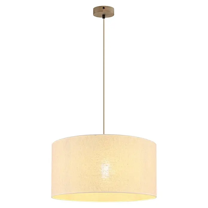 Globo Pendelleuchte Jule - 60 W, Ø x H: 50 x 120 cm - Creme-farbene Stoff-Pendelleuchte mit Holz-Deckenrosette und Textilkabel.