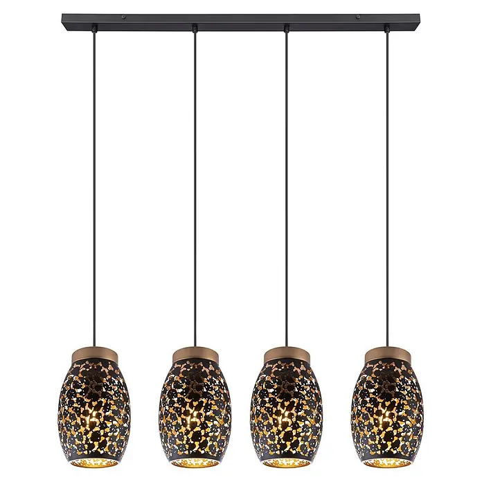 Globo Pendelleuchte Narri - 40 W, L x B x H: 900 x 150 x 1.200 mm - Lineare Pendelleuchte mit vier schwarzen und goldenen Ornamentlampen, dekorativem Ausschnittmuster und goldenem Interieur.