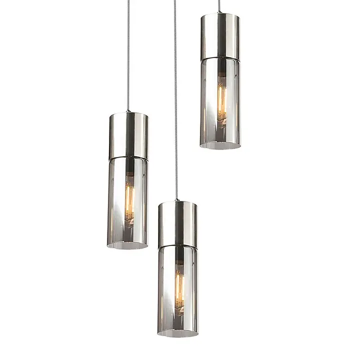 Globo Pendelleuchte Annika - 25 W, Ø x H: 30 x 150 cm - Set aus drei zylindrischen Pendelleuchten mit gebürsteten Metallköpfen, klaren Glaskörpern und sichtbaren warmen Glühbirnen.