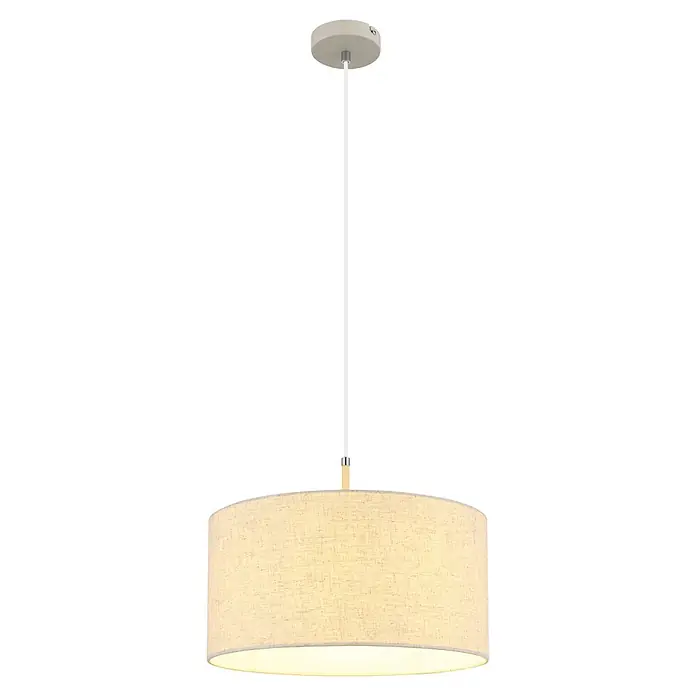 Globo Pendelleuchte rund Deleon - 60 W, Ø x H: 40 x 120 cm, Sandfarben, E27 - Beige Stoff-Pendelleuchte mit hellgrauer Deckenrosette und weißer Aufhängestange, mit Holzdetails.