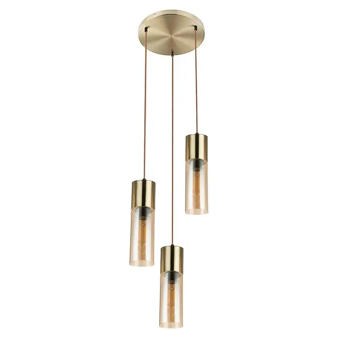 Globo Pendelleuchte Annika - 25 W, Ø x H: 30 x 150 cm - Dreiflammige Pendelleuchte mit runder, goldgebürsteter Deckenplatte und zylindrischen Schirmen aus Messing und Amberglas.