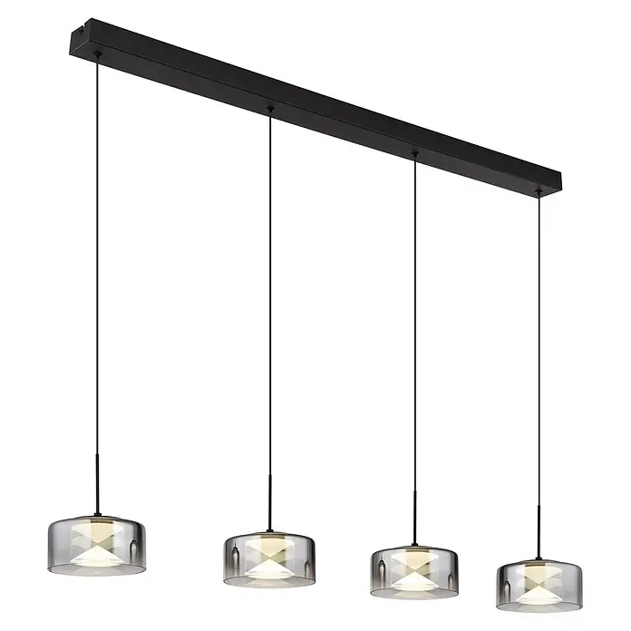 Globo LED-Pendelleuchte rund Belinda - 24 W, Ø x H: 15 x 150 cm - Schwarze lineare Pendelleuchte mit vier Rauchglas-Schirmen, die warmes Licht abstrahlen.