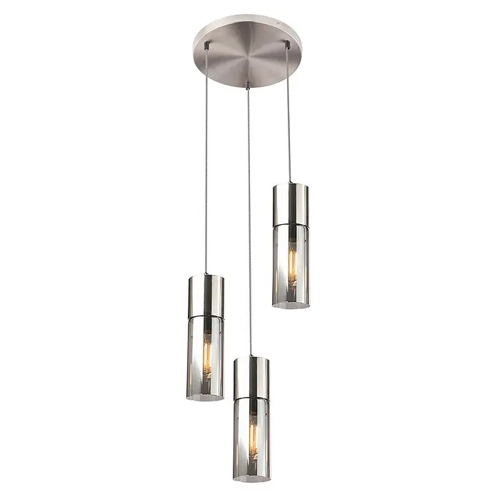 Globo Pendelleuchte Annika - 25 W, Ø x H: 30 x 150 cm - Dreiflammige Pendelleuchte aus gebürstetem Metall mit zylindrischen Rauchglasschirmen und sichtbaren Glühfadenlampen.