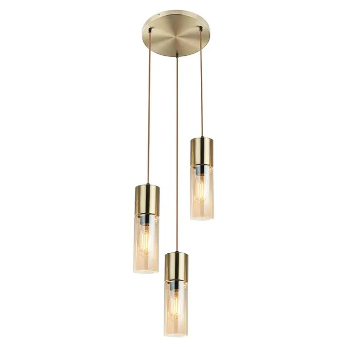 Globo Pendelleuchte Annika - 25 W, Ø x H: 30 x 150 cm - Dreiflammige Pendelleuchte mit gebürsteter Messing-Deckenplatte, braunen Textilkabeln und bernsteinfarbenen Glasschirmen mit LED-Glühbirnen.