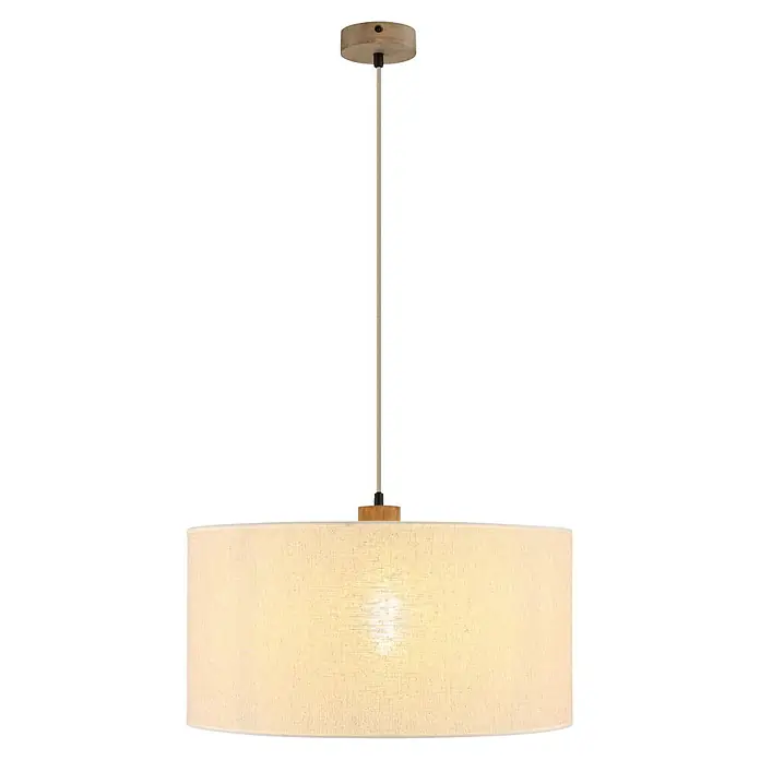 Globo Pendelleuchte Jule - 60 W, Ø x H: 50 x 120 cm - Zylindrische Pendelleuchte aus hellem beigefarbenem Stoff mit leuchtendem Schirm, Holzbaldachin und Textilkabel.