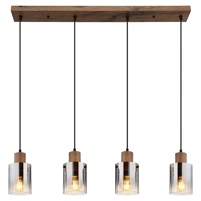 Globo Pendelleuchte Underwood - 40 W, L x B x H: 1.050 x 120 x 1.200 mm, E27 - Holzbalken-Pendelleuchte mit 4 gerippten Glasschirmen, Holzdetails und beleuchteten Edison-Glühbirnen.