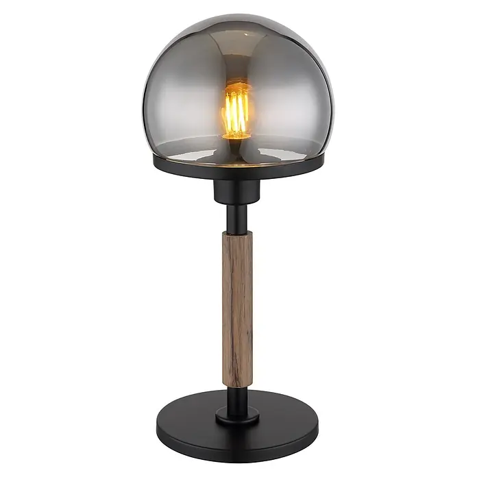 Globo Tischleuchte Haku - 40 W, Höhe: 400 mm, E27 - Moderne Tischlampe mit kugelförmigem Rauchglasschirm, sichtbarer Edison-Birne, schwarzem Metallsockel und Holzstielakzent.