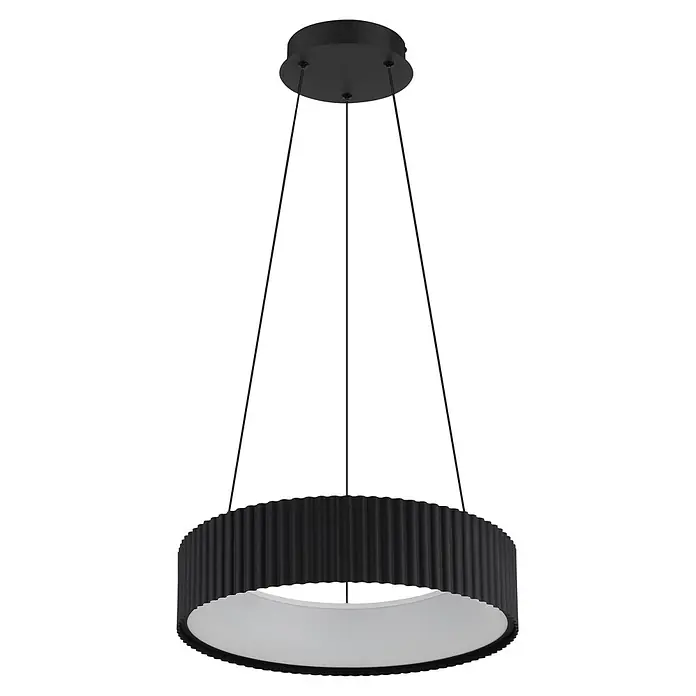 Globo Pendelleuchte rund Kemp - 45 W, Ø x H: 460 x 1.200 mm - Schwarze runde Pendelleuchte mit geriffelter Außenseite und weißem Diffusor, an drei Kabeln von einer schwarzen Deckenplatte hängend.