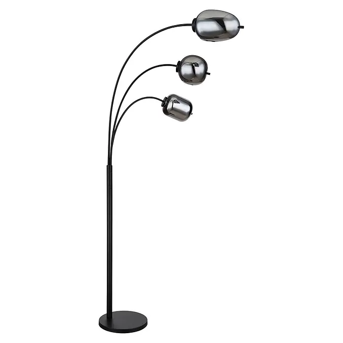 Globo Stehleuchte Blacky - 40 W, Höhe: 1.750 mm, E14 - Schwarze Stehlampe aus Metall mit drei gebogenen Armen und glänzenden Chromschirmen.