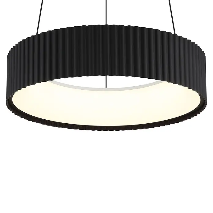 Globo Pendelleuchte rund Kemp - 45 W, Ø x H: 460 x 1.200 mm - Schwarze geriffelte runde Pendelleuchte mit warmem Licht.