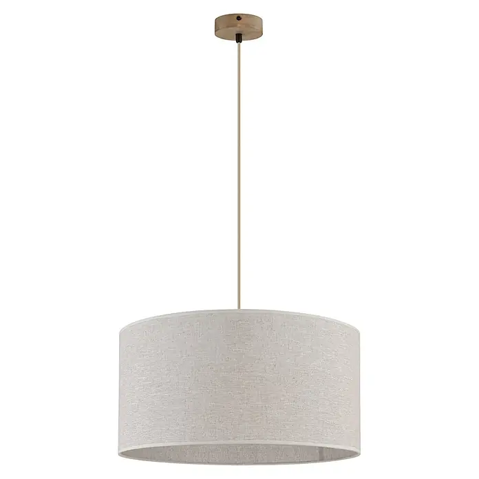 Globo Pendelleuchte Jule - 60 W, Ø x H: 50 x 120 cm - Hängelampe mit zylindrischem Schirm aus hellbeigem Stoff und runder Deckenrosette aus Holz.