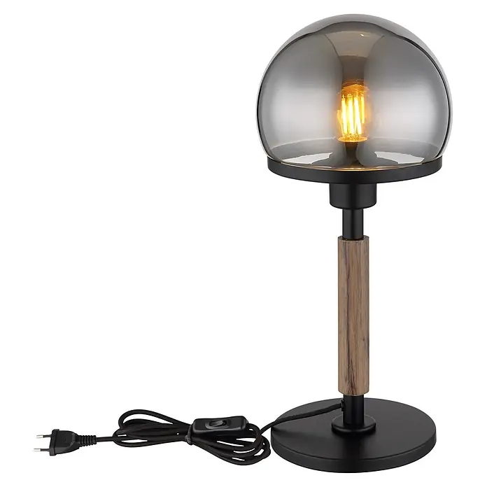 Globo Tischleuchte Haku - 40 W, Höhe: 400 mm, E27 - Schwarze Tischleuchte mit Holzdetails, Rauchglas-Schirm und sichtbarer Glühbirne.