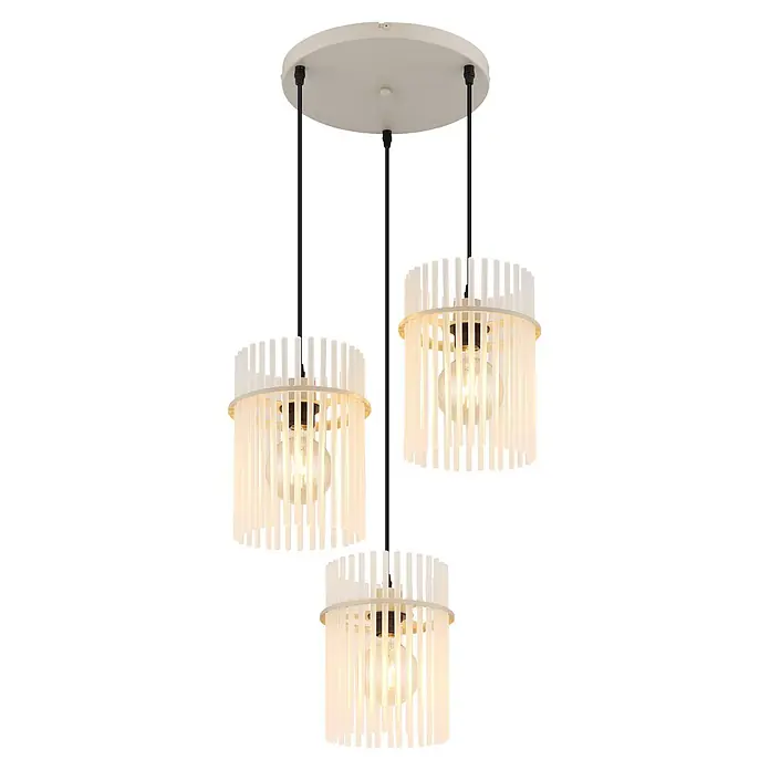 Globo LED-Pendelleuchte rund Gorley - 60 W, Ø x H: 47 x 140 cm, Sandfarben - Weiße 3-flammige Pendelleuchte mit zylindrischen Schirmen aus vertikalen Lamellen und sichtbaren Glühbirnen.