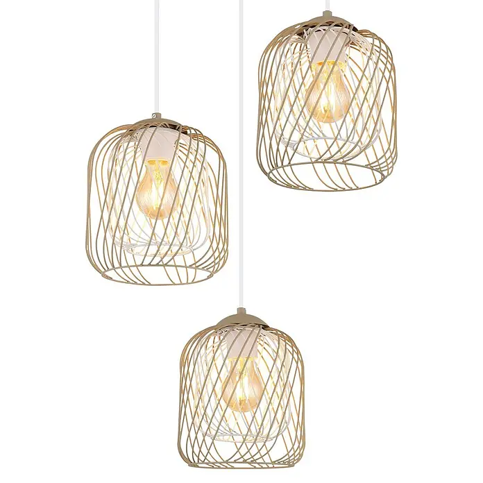 Globo Pendelleuchte rund Dichti - 40 W, Ø x H: 39,4 x 150 cm, Sandfarben, E27 - Drei beige/goldene Drahtkäfig-Pendelleuchten mit Edison-Glühbirnen, eine moderne Beleuchtungslösung.
