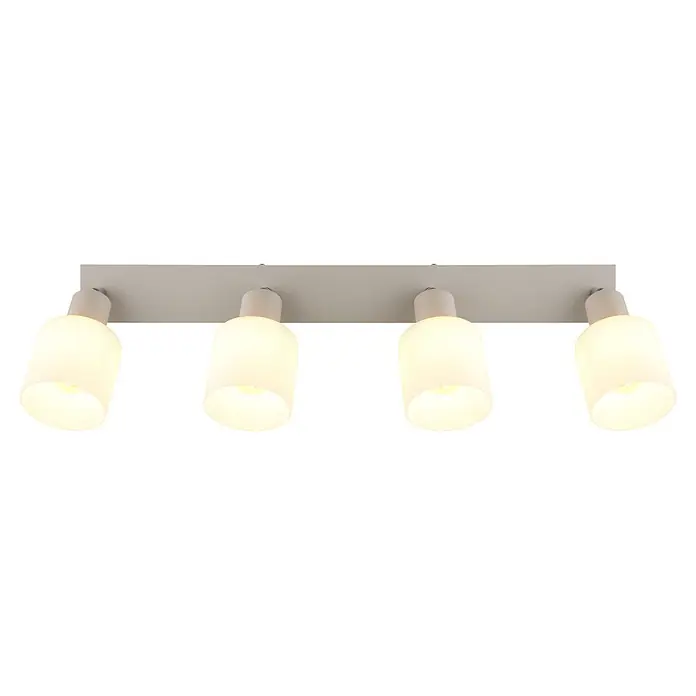 Globo Wand- & Deckenleuchte Trent - 25 W, L x B x H: 56 x 8 x 18,5 cm, Sandfarben, E14 - Vierflammige Strahlerleuchte mit cremefarbenen, beleuchteten Schirmen auf hellgrauem Rechtecksockel.