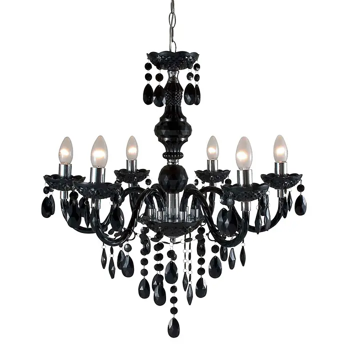 Globo Pendelleuchte Cuimbra - 40 W, Ø x H: 67 x 166 cm, E14 - Schwarzer Kronleuchter mit sechs Lichtern und dekorativen schwarzen Kristalltropfen.