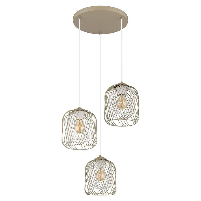 Globo Pendelleuchte rund Dichti - 40 W, Ø x H: 39,4 x 150 cm, Sandfarben, E27 - Dreiflammige Pendelleuchte mit beiger Deckenplatte und Lampenschirmen aus beigen und weißen Metallgeflecht mit Vintage-Glühbirnen.