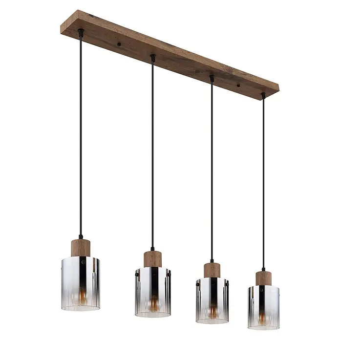 Globo Pendelleuchte Underwood - 40 W, L x B x H: 1.050 x 120 x 1.200 mm, E27 - Lineare Pendelleuchte mit dunklem Holzbalken und vier Klarglaslampen mit Holzdetails.