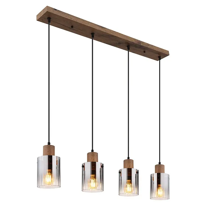 Globo Pendelleuchte Underwood - 40 W, L x B x H: 1.050 x 120 x 1.200 mm, E27 - Pendelleuchte mit Holzleiste und vier Hängelampen. Jede Lampe hat einen Holzaufsatz, einen gerippten Glasschirm und eine Edison-Glühbirne.