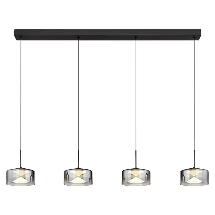 Globo LED-Pendelleuchte rund Belinda - 24 W, Ø x H: 15 x 150 cm - Schwarze lineare Pendelleuchte mit vier Lichtern, klaren Glasschirmen und inneren Diffusoren.