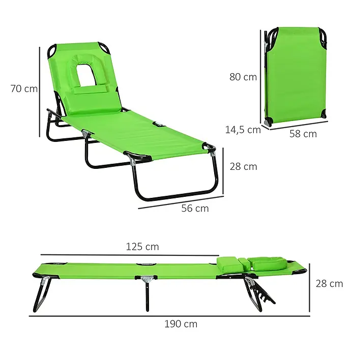 Outsunny Gartenliege - B x T: 56 x 190 cm, Grün, Polyester, Rückenlehne verstellbar - Grüne klappbare Liege mit schwarzem Metallgestell. Maße für ausgeklappte und zusammengeklappte Positionen angezeigt.
