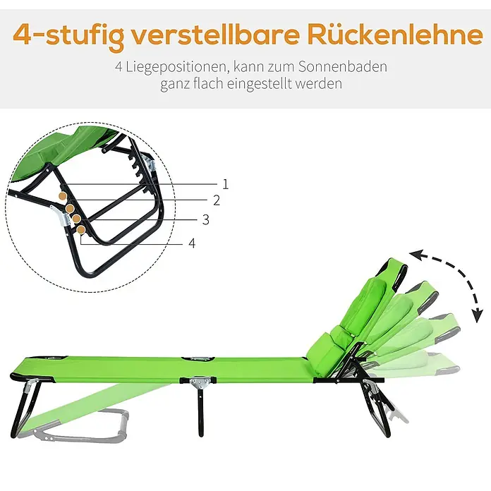 Outsunny Gartenliege - B x T: 56 x 190 cm, Grün, Polyester, Rückenlehne verstellbar - Grün-schwarze Klappliege mit 4-fach verstellbarer Rückenlehne, die flach aufgeklappt werden kann.